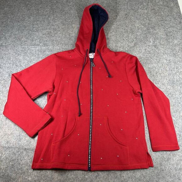 Vintage Quacker Factory Jacket Womens Medium Red Navy Blue Full Zip Rhinestone - Picture 1 of 8
